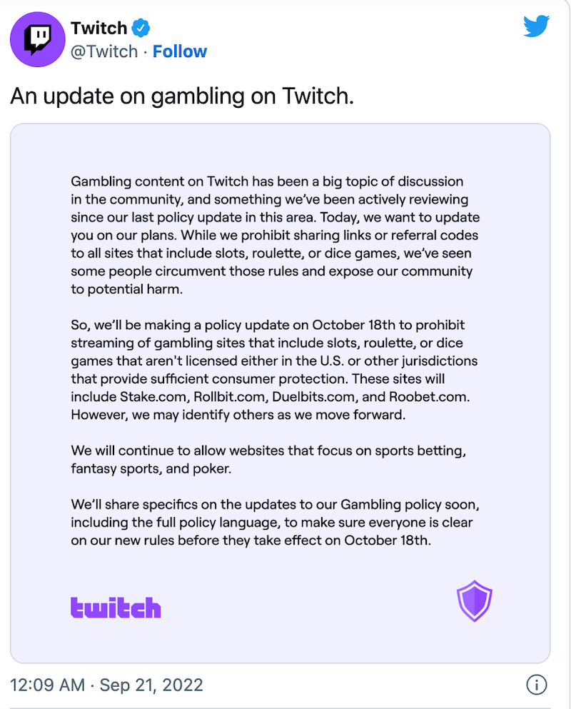 Twitch Gambling stream ban