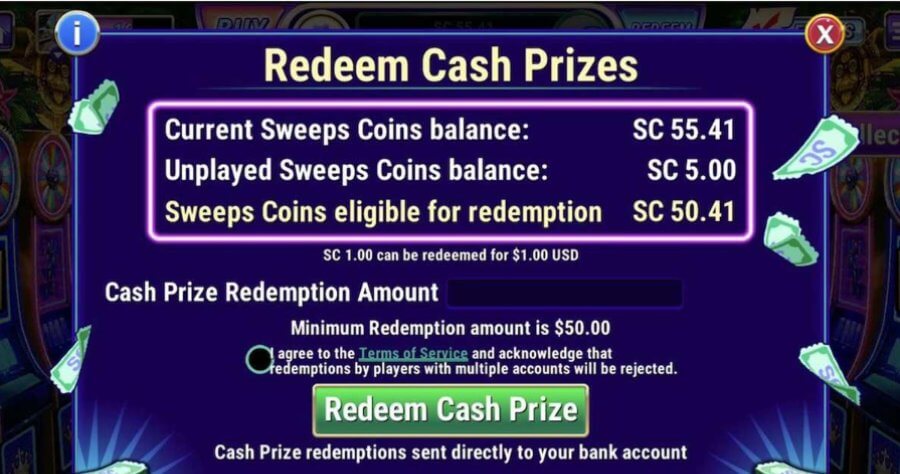 redeem cash prizes using your sweeps coin balance